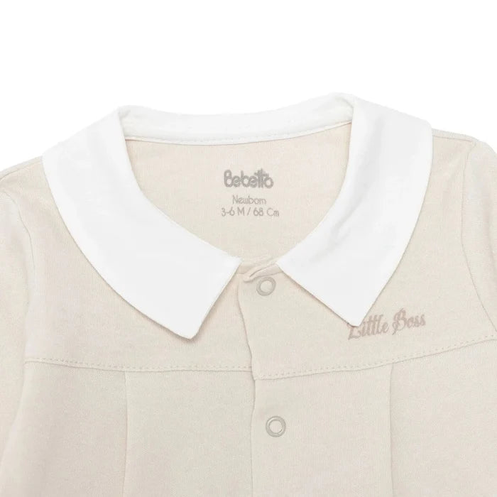Bebetto Boys Cardigan & Footed Trousers Set Snap Fastening Little Boss Shirt Collar Full Length Long - Beige Beige - ebebek