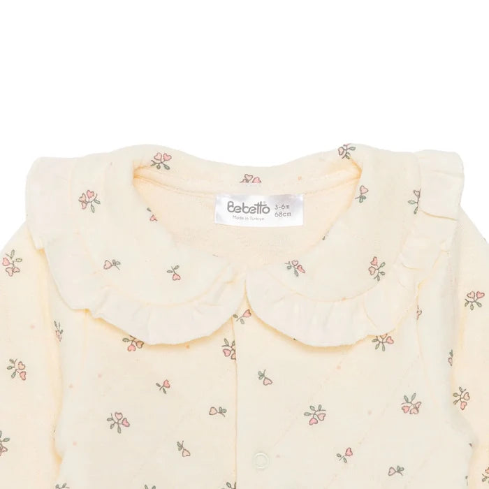 Bebetto Girls Footed Sleepsuit Floral Print Snap Fastening Petite Fleurs Frill Neck Full Length Long - Ecru Ecru - ebebek