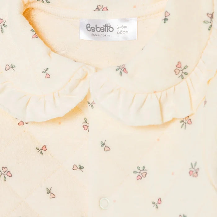 Bebetto Girls Footed Sleepsuit Floral Print Snap Fastening Petite Fleurs Frill Neck Full Length Long - Ecru Ecru - ebebek