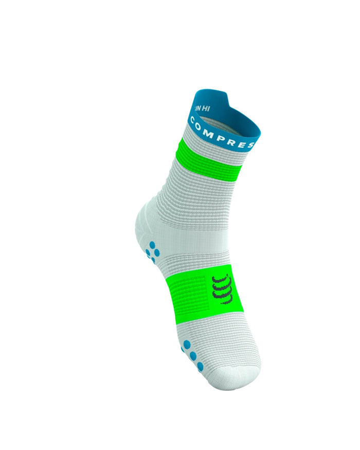 Compressport Unisex's Pro Racing Socks v4.0 Run High - White/Norse Blue/Neon Green