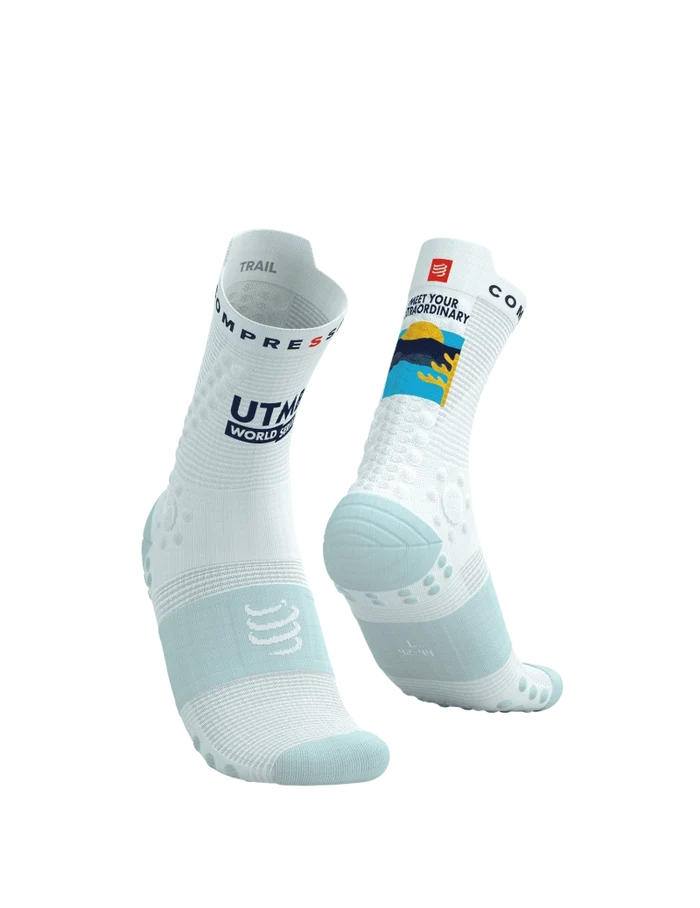 Compressport Unisex's Pro Racing Socks v4.0 Trail 360° print UTMB 2025 L1 - White/Ice Flow