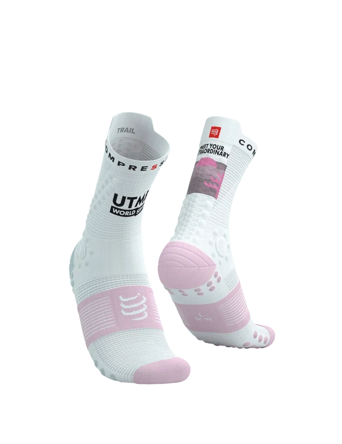 Compressport Unisex's Pro Racing Socks v4.0 Trail 360° print UTMB 2025 L1 - White/Roseate