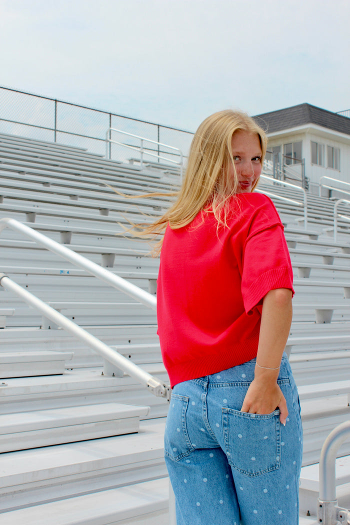 Francis Short Sleeve Sweater Top - Red