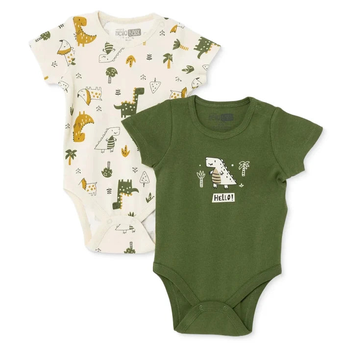 HelloBaby Boys 2 - Pack Short - Sleeve Bodysuits Dinosaur Print Snap Fastening Popper Neck Short Sleeve - Khaki Khaki - ebebek