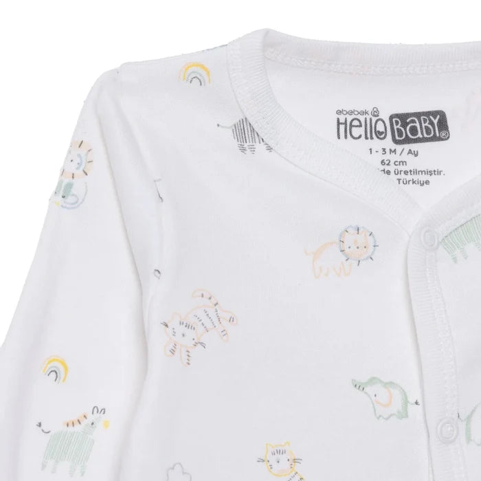 HelloBaby Boys Footed Romper Animal with Poppers Crew Neck Long Leg Long Sleeve - White Printed White Printed - ebebek