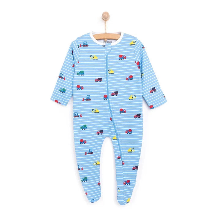 HelloBaby Boys Footed Romper Vehicles Zip - up Crew Neck Long Leg Long Sleeve - Blue Blue - ebebek