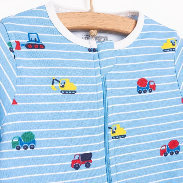 HelloBaby Boys Footed Romper Vehicles Zip - up Crew Neck Long Leg Long Sleeve - Blue Blue - ebebek