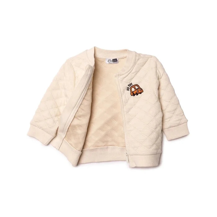 HelloBaby Boys Quilted Cardigan Zip Fastening Little Car Mandarin Collar Long Sleeve - Ecru Ecru - ebebek
