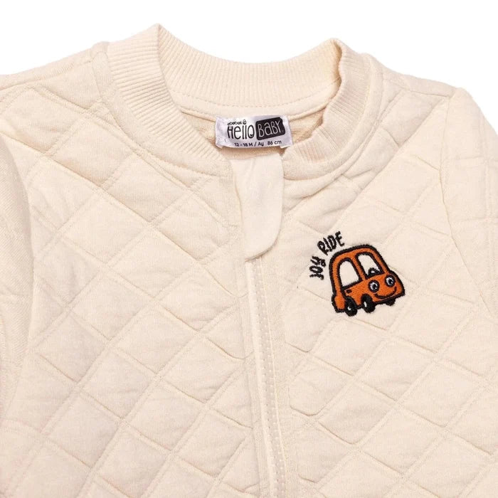 HelloBaby Boys Quilted Cardigan Zip Fastening Little Car Mandarin Collar Long Sleeve - Ecru Ecru - ebebek