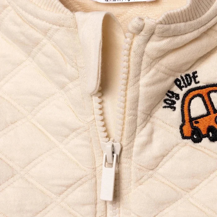 HelloBaby Boys Quilted Cardigan Zip Fastening Little Car Mandarin Collar Long Sleeve - Ecru Ecru - ebebek