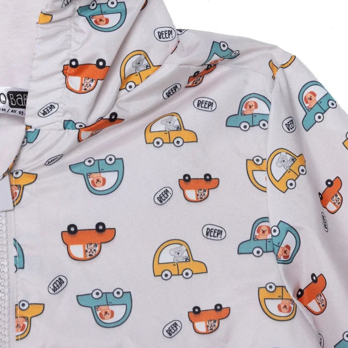 HelloBaby Boys Raincoat Car Print Zip Fastening Hooded Long Sleeve - Ecru Printed Ecru Printed - ebebek