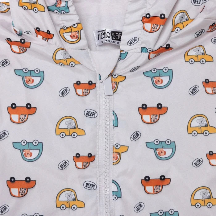 HelloBaby Boys Raincoat Car Print Zip Fastening Hooded Long Sleeve - Ecru Printed Ecru Printed - ebebek