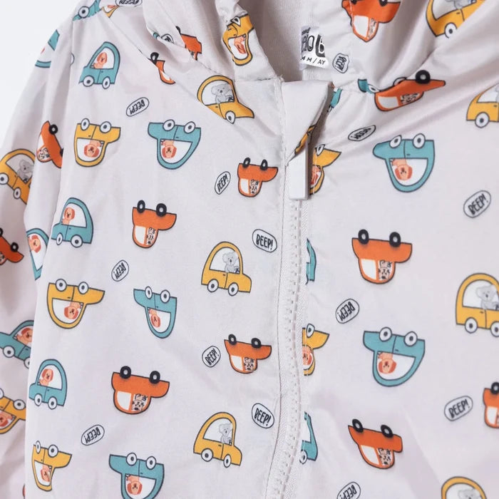 HelloBaby Boys Raincoat Car Print Zip Fastening Hooded Long Sleeve - Ecru Printed Ecru Printed - ebebek