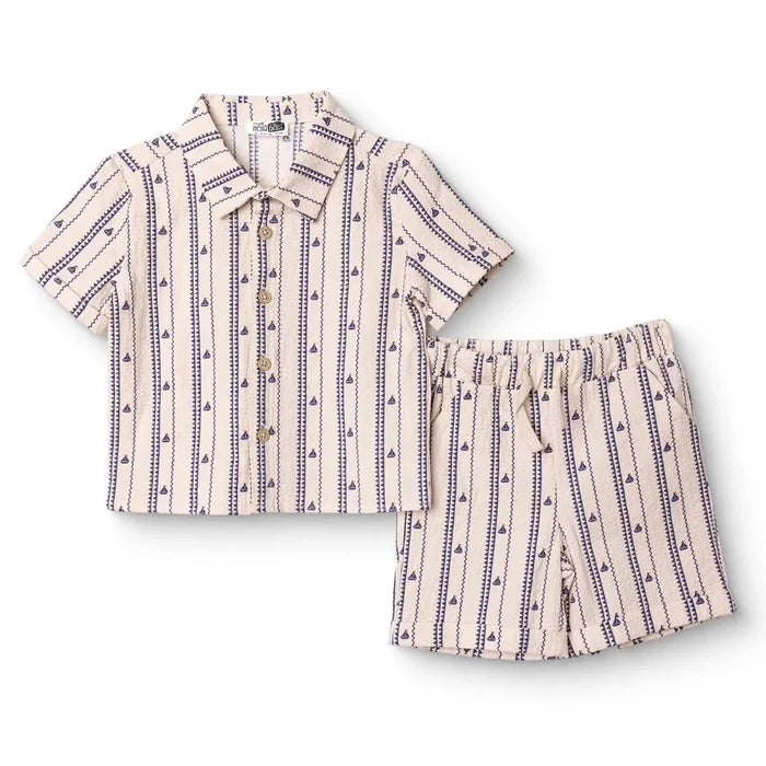 HelloBaby Boys Shirt & Shorts Set Buttoned Little Sailor Shirt Collar Above the Knee Short Sleeve - Ecru Printed Ecru Printed - ebebek