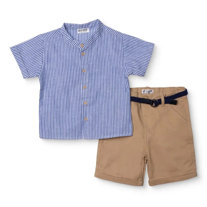 HelloBaby Boys Shirt & Shorts Set Striped Buttoned Smart Line Mandarin Collar Above the Knee Short S - Indigo Indigo - ebebek