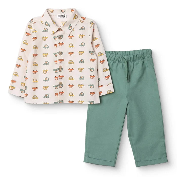 HelloBaby Boys Shirt & Trousers Set Car Print Buttoned Little Car Shirt Collar Full Length Long Slee - Ecru Printed Ecru Printed - ebebek
