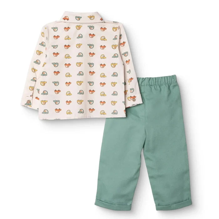 HelloBaby Boys Shirt & Trousers Set Car Print Buttoned Little Car Shirt Collar Full Length Long Slee - Ecru Printed Ecru Printed - ebebek