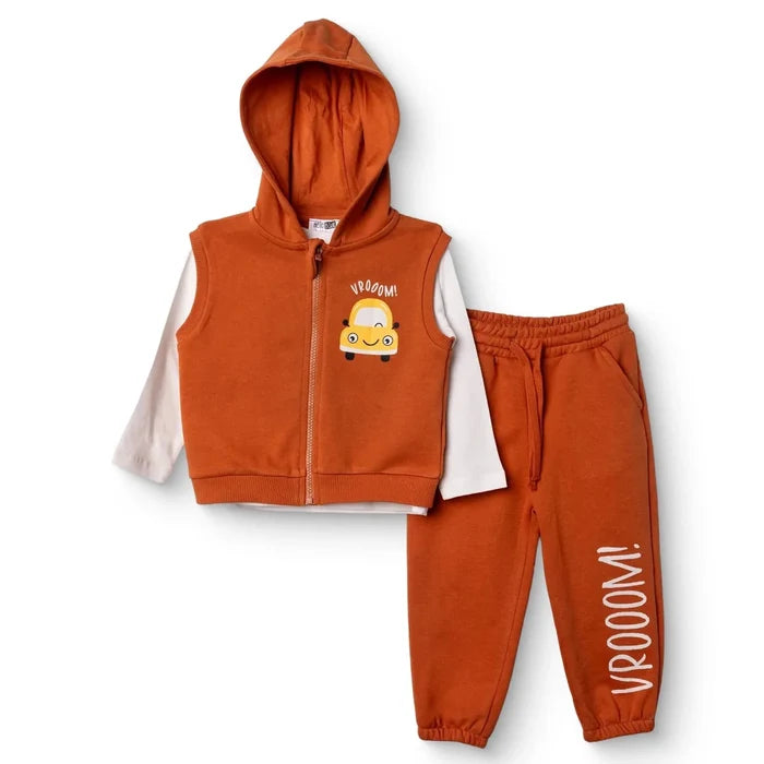 HelloBaby Boys Sweatshirt Waistcoat & Bottom Set Vehicle Print Zip Fastening Little Car Crew Neck Fu - Dark Orange Dark Orange - ebebek