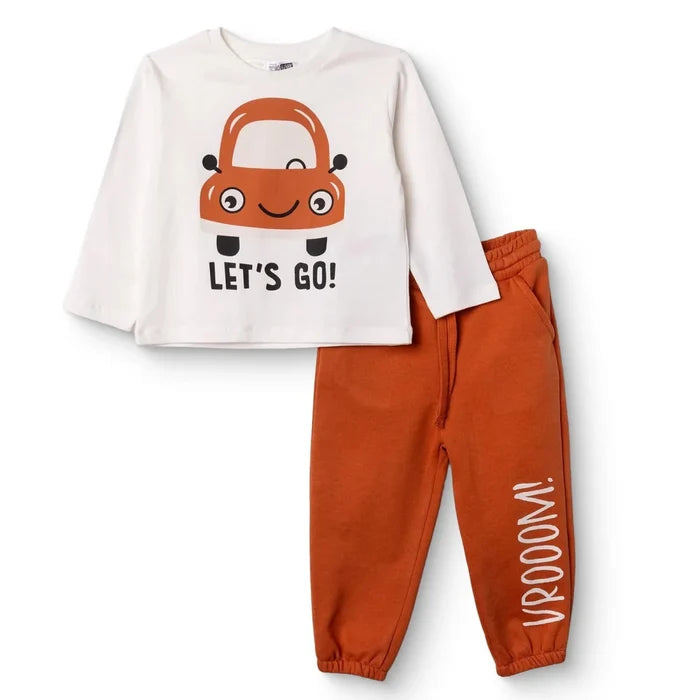 HelloBaby Boys Sweatshirt Waistcoat & Bottom Set Vehicle Print Zip Fastening Little Car Crew Neck Fu - Dark Orange Dark Orange - ebebek