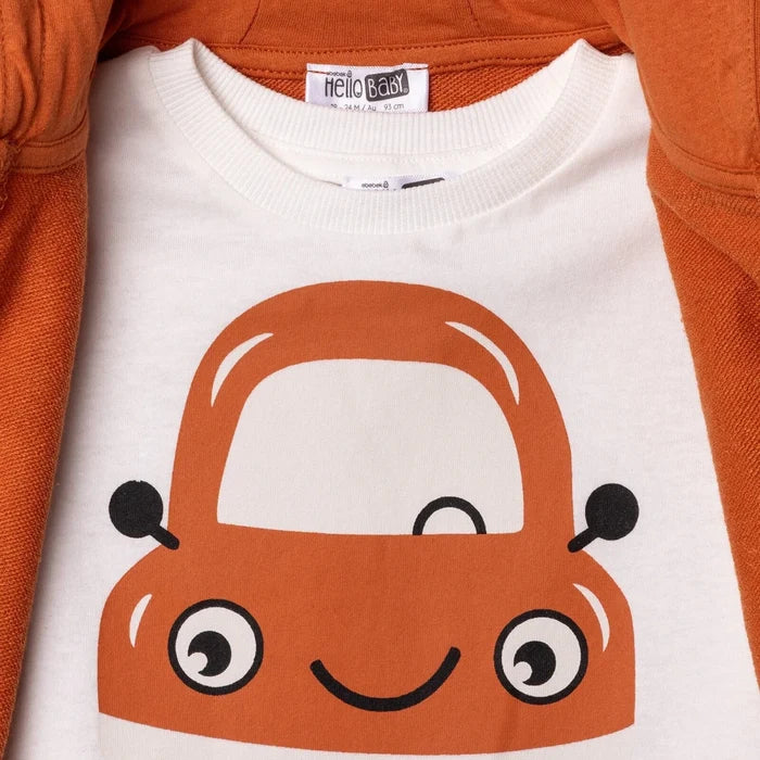 HelloBaby Boys Sweatshirt Waistcoat & Bottom Set Vehicle Print Zip Fastening Little Car Crew Neck Fu - Dark Orange Dark Orange - ebebek