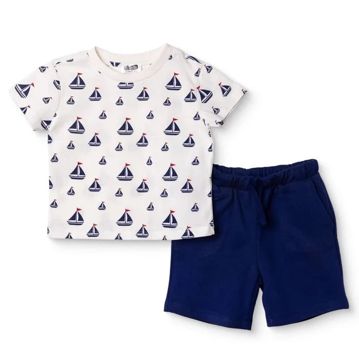 HelloBaby Boys T-shirt & Shorts Set Nautical Print Little Sailor Crew Neck Above the Knee Short Slee - White Printed White Printed - ebebek