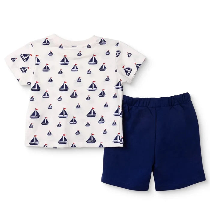 HelloBaby Boys T-shirt & Shorts Set Nautical Print Little Sailor Crew Neck Above the Knee Short Slee - White Printed White Printed - ebebek