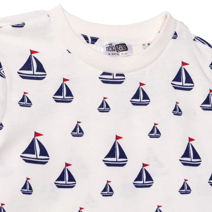HelloBaby Boys T-shirt & Shorts Set Nautical Print Little Sailor Crew Neck Above the Knee Short Slee - White Printed White Printed - ebebek