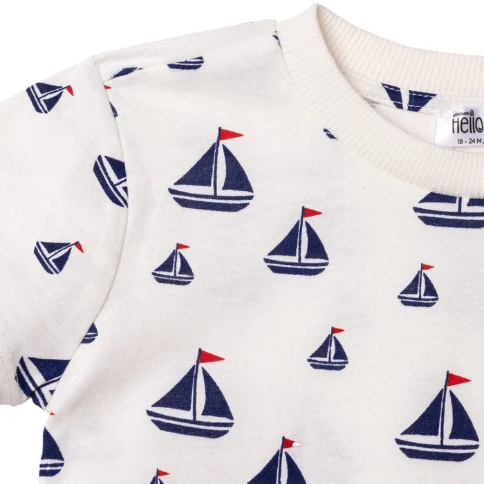 HelloBaby Boys T-shirt & Shorts Set Nautical Print Little Sailor Crew Neck Above the Knee Short Slee - White Printed White Printed - ebebek