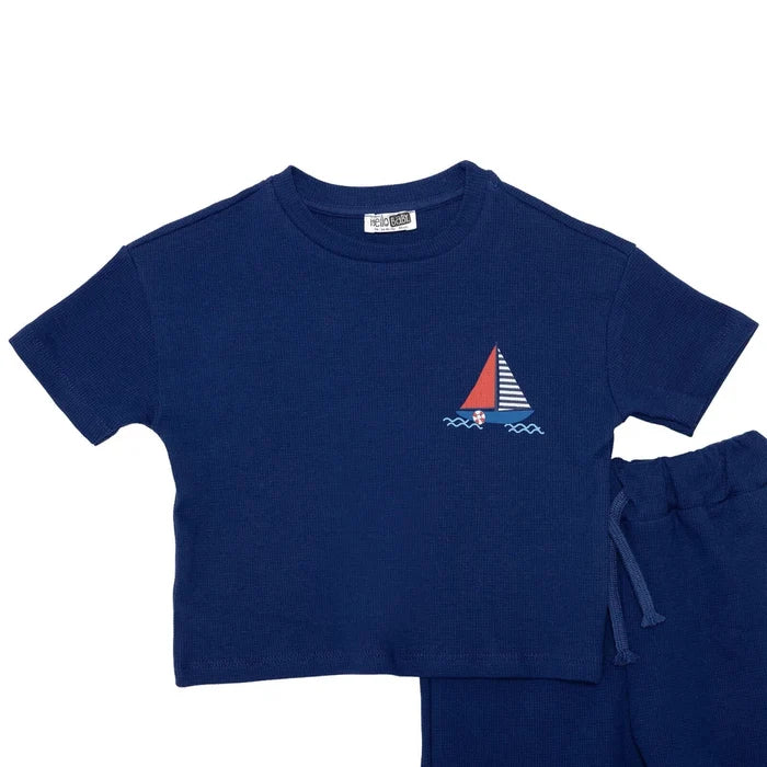 HelloBaby Boys T-shirt & Shorts Set Nautical Print Little Sailor Crew Neck Short Length Short Sleeve - Navy Blue Navy Blue - ebebek