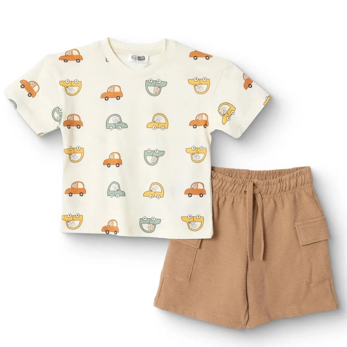 HelloBaby Boys T-shirt & Shorts Set Vehicle Print Little Car Crew Neck Short Length Short Sleeve - Ecru Printed Ecru Printed - ebebek