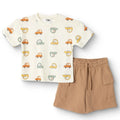 HelloBaby Boys T-shirt & Shorts Set Vehicle Print Little Car Crew Neck Short Length Short Sleeve - Ecru Printed Ecru Printed - ebebek