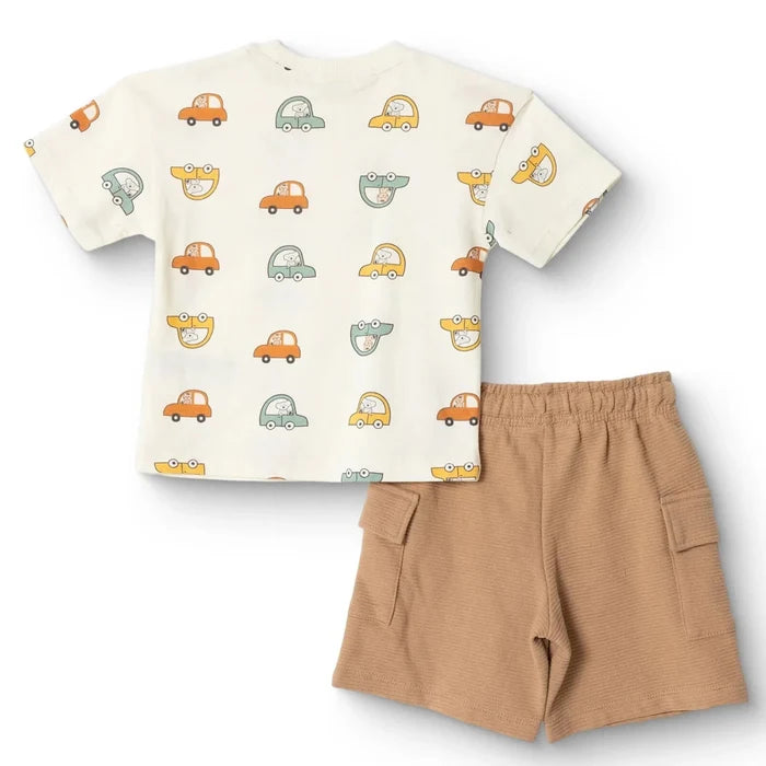 HelloBaby Boys T-shirt & Shorts Set Vehicle Print Little Car Crew Neck Short Length Short Sleeve - Ecru Printed Ecru Printed - ebebek