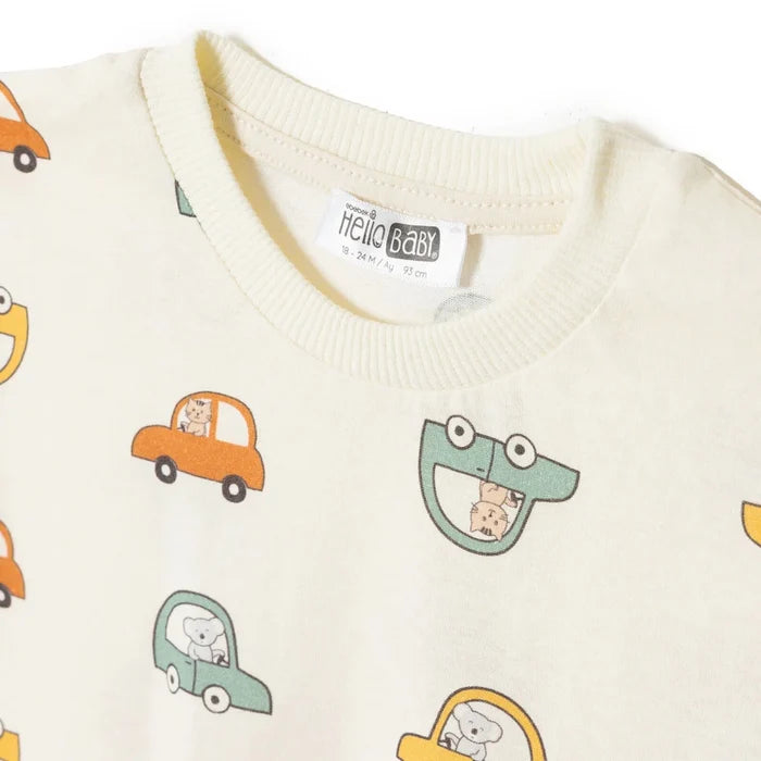 HelloBaby Boys T-shirt & Shorts Set Vehicle Print Little Car Crew Neck Short Length Short Sleeve - Ecru Printed Ecru Printed - ebebek