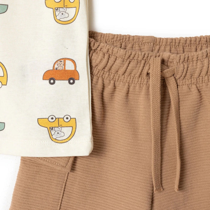 HelloBaby Boys T-shirt & Shorts Set Vehicle Print Little Car Crew Neck Short Length Short Sleeve - Ecru Printed Ecru Printed - ebebek