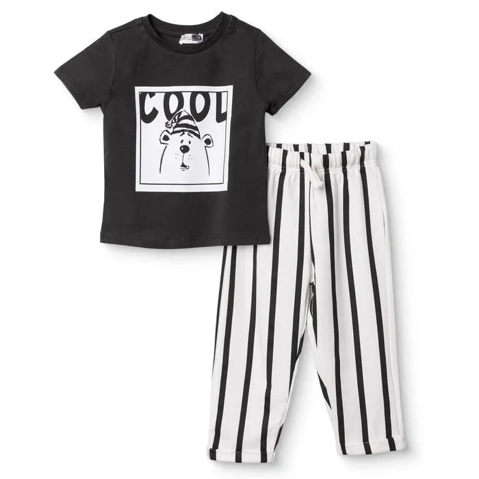 HelloBaby Boys T-Shirt & Trousers Set Bear Print Cool Boy Crew Neck Full Length Short Sleeve - Anthracite Anthracite - ebebek