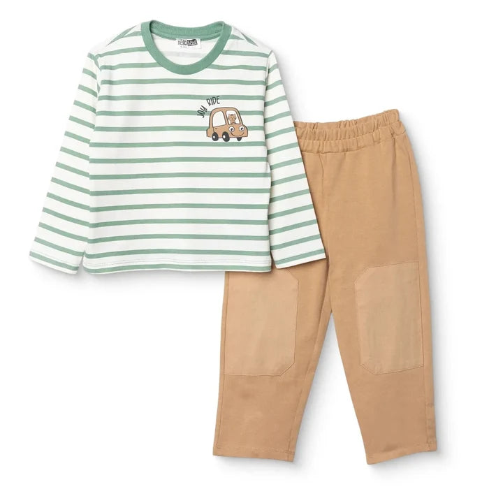HelloBaby Boys T-Shirt & Trousers Set Vehicle Print Little Car Crew Neck Full Length Long Sleeve - Green Printed Green Printed - ebebek