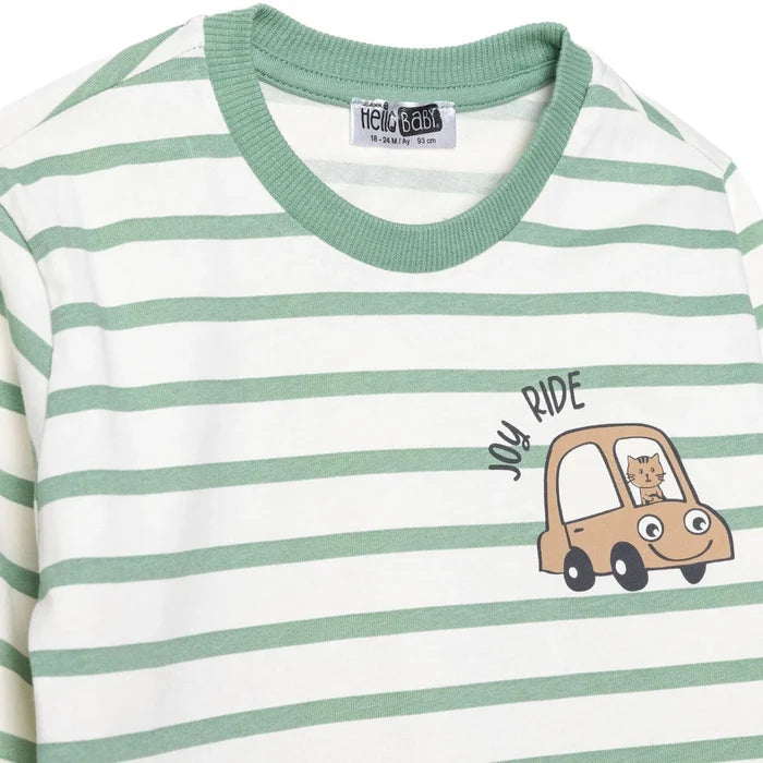 HelloBaby Boys T-Shirt & Trousers Set Vehicle Print Little Car Crew Neck Full Length Long Sleeve - Green Printed Green Printed - ebebek