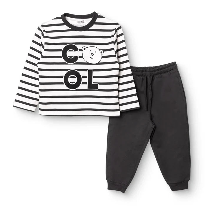 HelloBaby Boys Tracksuit Set Bear Print Lace - up Cool Boy Crew Neck Full Length Long Sleeve - Black Printed Black Printed - ebebek