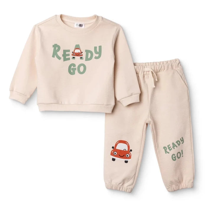 HelloBaby Boys Tracksuit Set Car Print Little Car Crew Neck Full Length Long Sleeve - Ecru Ecru - ebebek