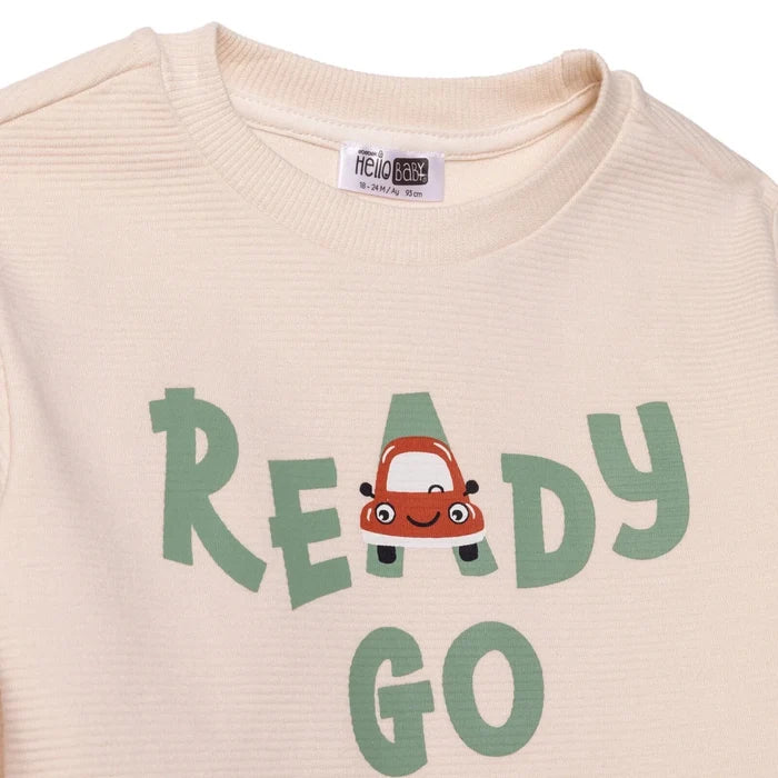 HelloBaby Boys Tracksuit Set Car Print Little Car Crew Neck Full Length Long Sleeve - Ecru Ecru - ebebek