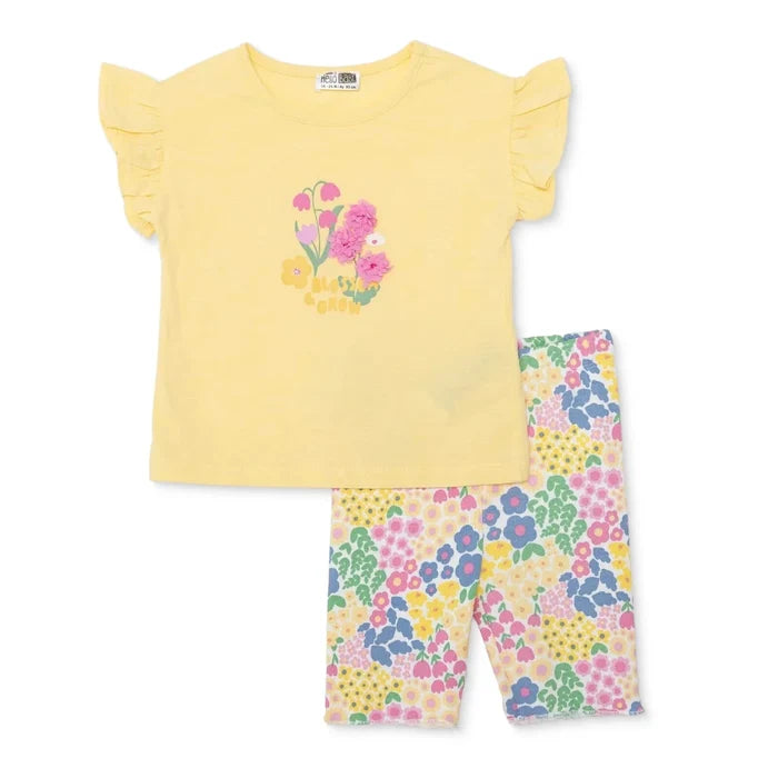 HelloBaby Girls Blouse & Leggings Set Ditsy Flower Crew Neck Full Length Short Sleeve - Yellow Yellow - ebebek