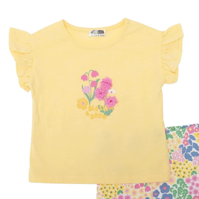 HelloBaby Girls Blouse & Leggings Set Ditsy Flower Crew Neck Full Length Short Sleeve - Yellow Yellow - ebebek