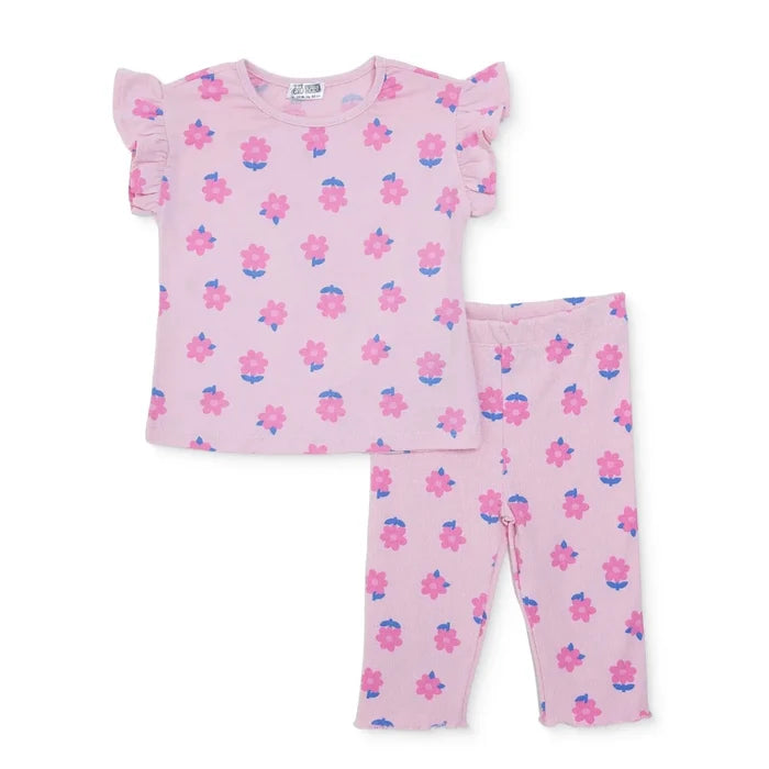 HelloBaby Girls Blouse & Leggings Set Floral Print Ditsy Flower Crew Neck Full Length Short Sleeve - Pink Printed Pink Printed - ebebek