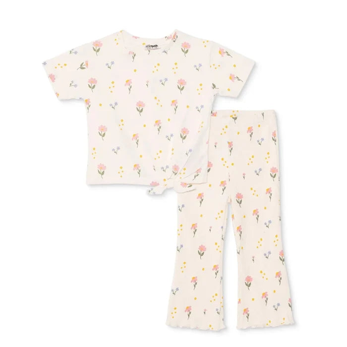 HelloBaby Girls Blouse & Leggings Set Floral Print Flower Garden Crew Neck Full Length Short Sleeve - Ecru Printed Ecru Printed - ebebek