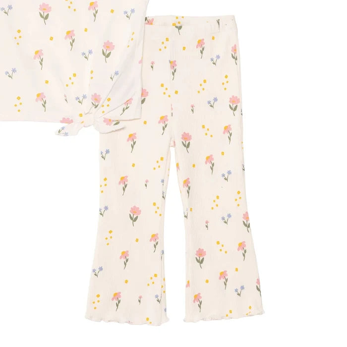 HelloBaby Girls Blouse & Leggings Set Floral Print Flower Garden Crew Neck Full Length Short Sleeve - Ecru Printed Ecru Printed - ebebek