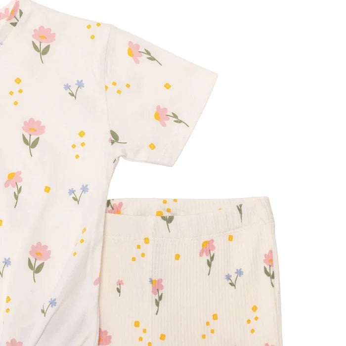 HelloBaby Girls Blouse & Leggings Set Floral Print Flower Garden Crew Neck Full Length Short Sleeve - Ecru Printed Ecru Printed - ebebek