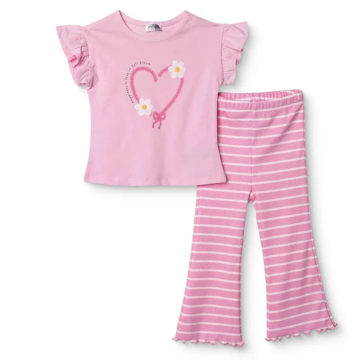 HelloBaby Girls Blouse & Leggings Set Heart Print Ditsy Flower Crew Neck Full Length Short Sleeve - Pink Pink - ebebek