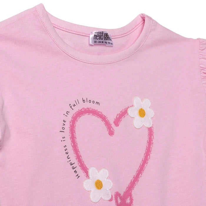 HelloBaby Girls Blouse & Leggings Set Heart Print Ditsy Flower Crew Neck Full Length Short Sleeve - Pink Pink - ebebek