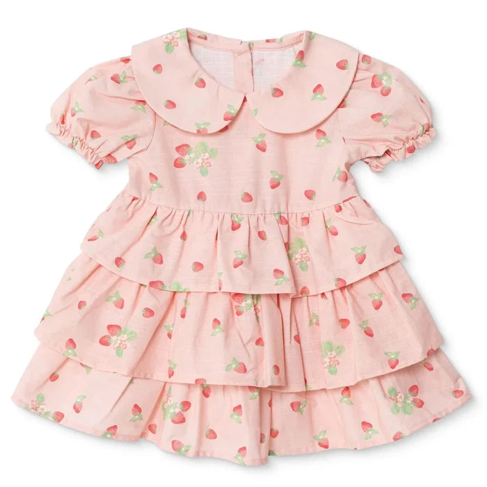 HelloBaby Girls Dress Cherry Print Buttoned Berry Belle Peter Pan Collar Short Sleeve - Pink Printed Pink Printed - ebebek