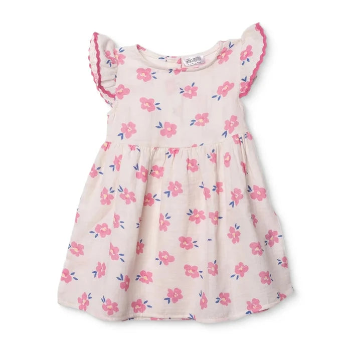 HelloBaby Girls Dress Floral Print Ditsy Flower Crew Neck Short Sleeve - Ecru Printed Ecru Printed - ebebek
